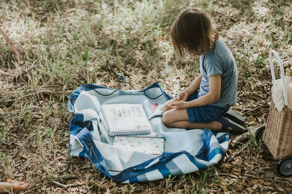 outdoor beach bag blue/green stripes, child sitting on open bag in garden with books