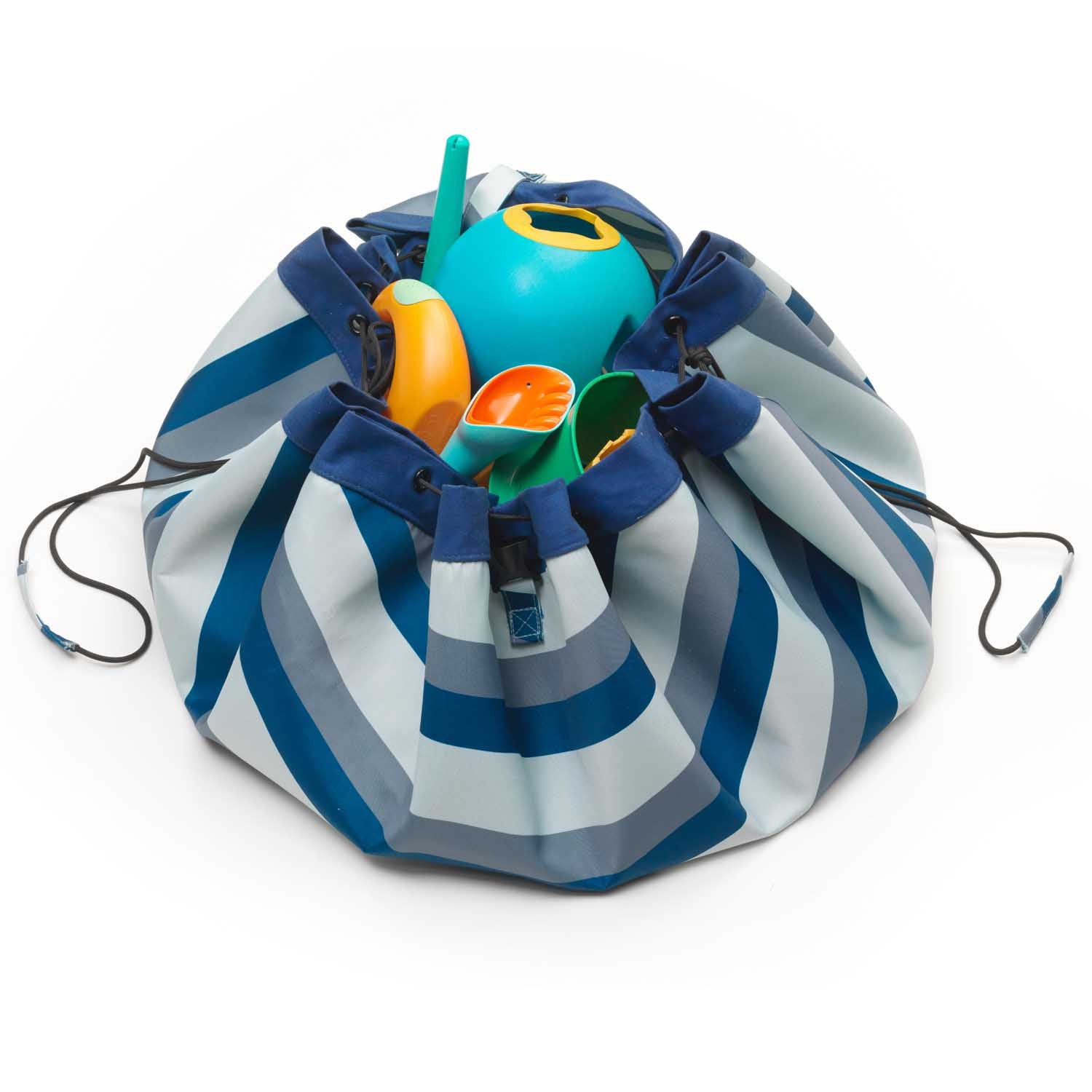 outdoor storage bag and play mat, blue/green stripes, closed bag, filled with beach toys