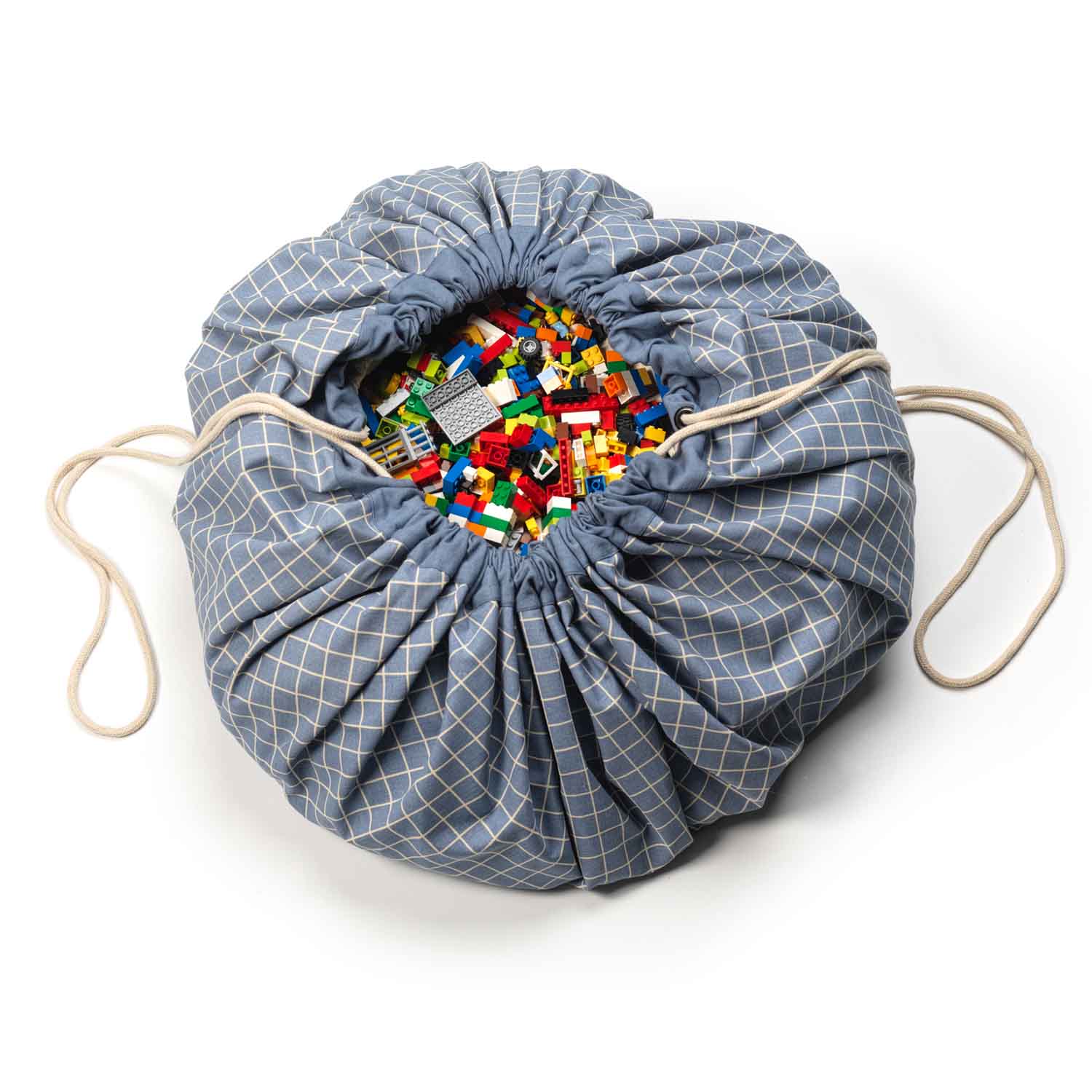 organic storage bag grid blue, filled with lego