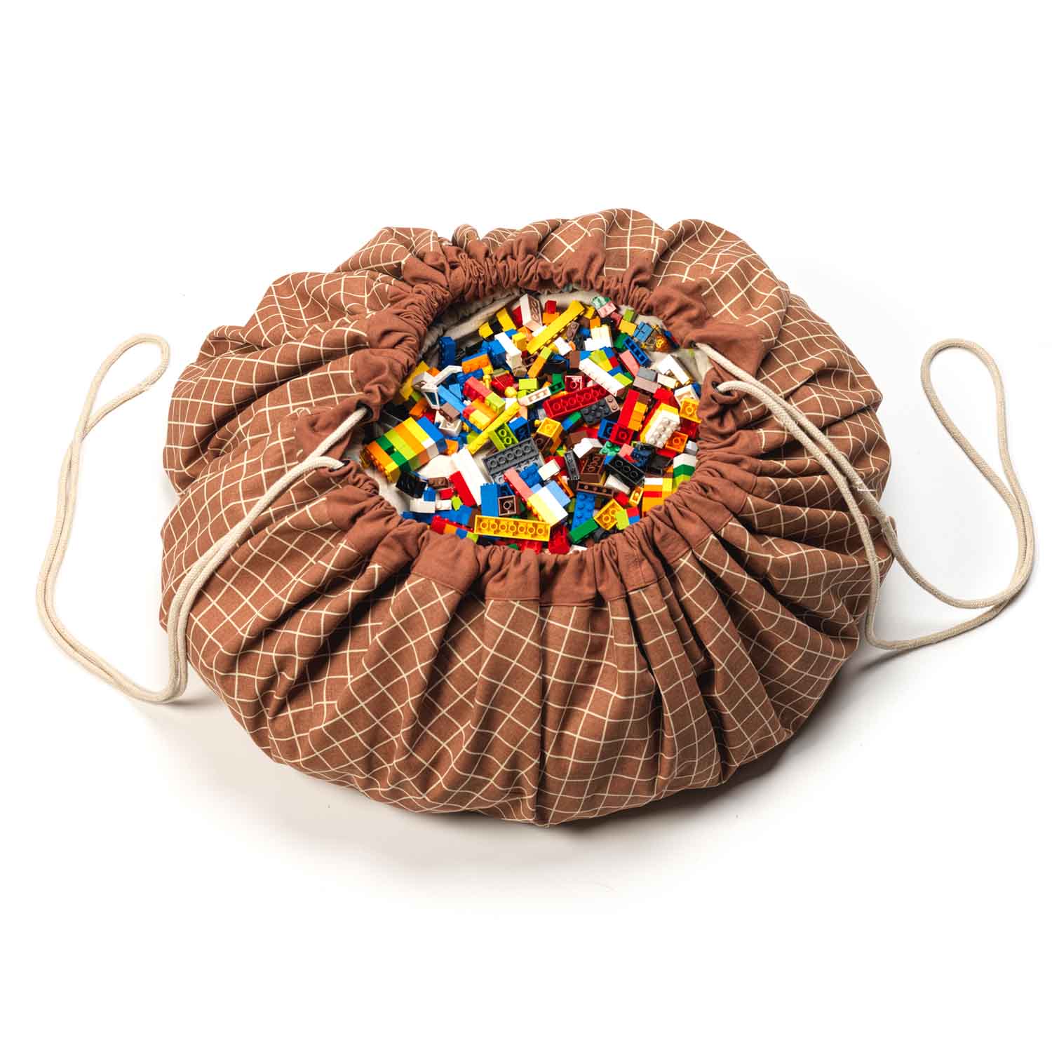 organic grid brown storage bag, filled with lego