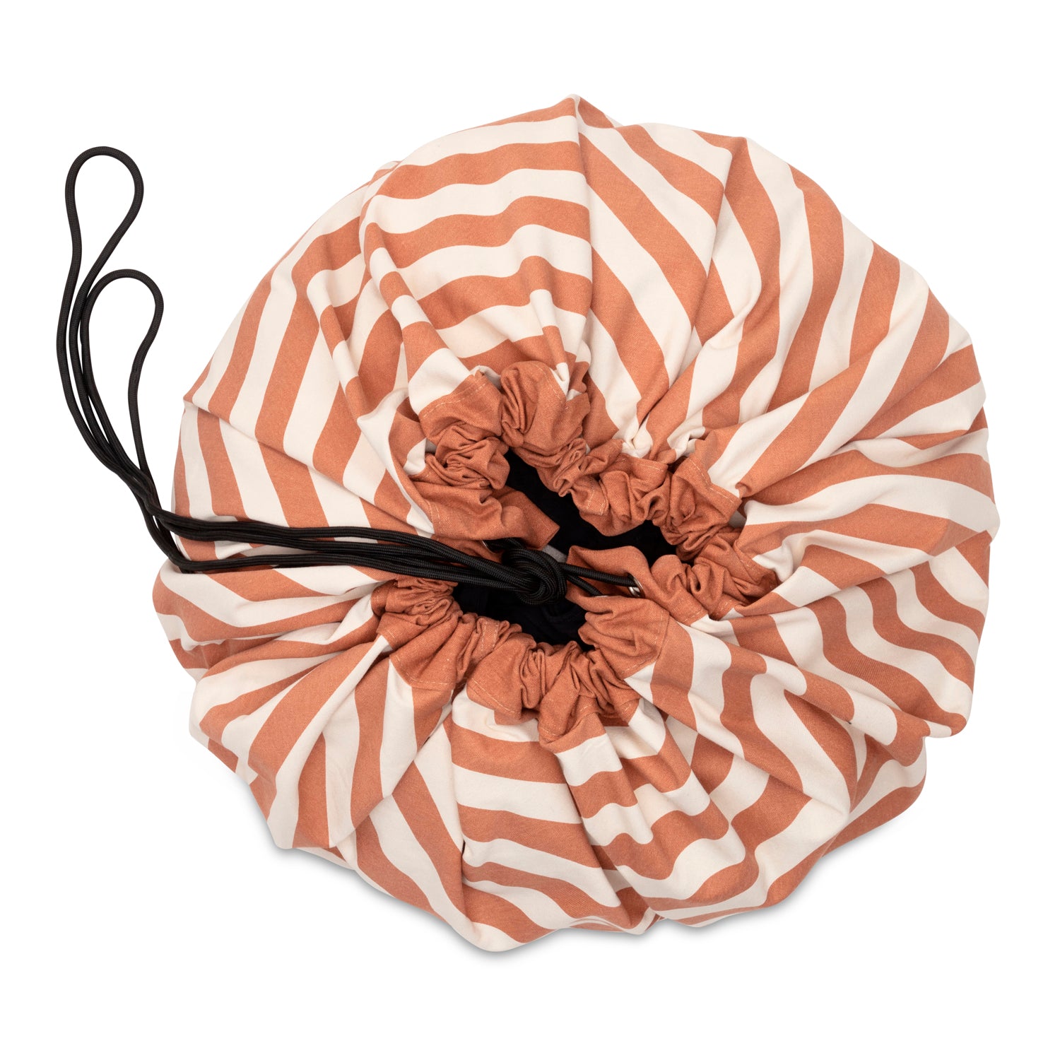 toy storage bag and play mat, bag closed, brown stripes