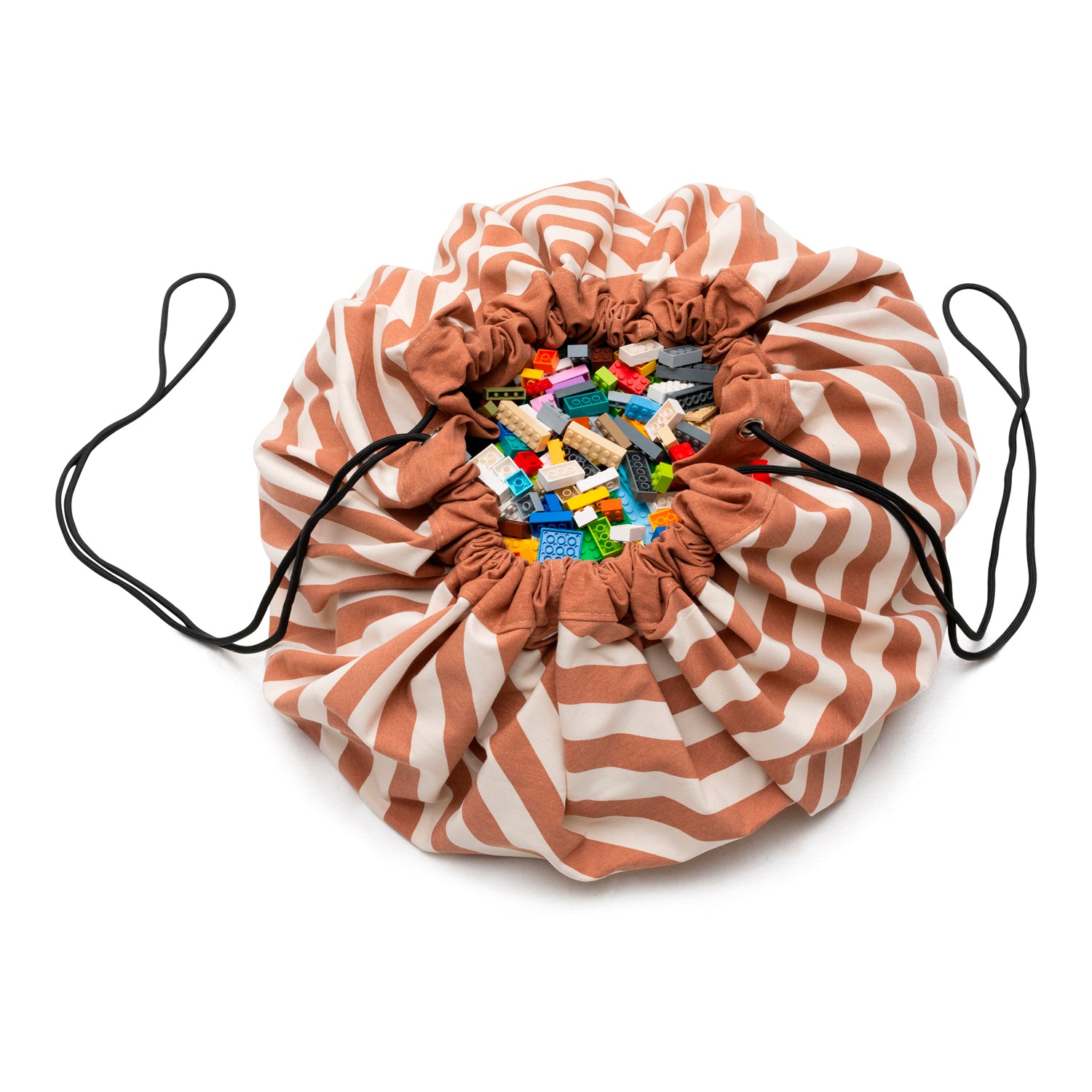 toy storage bag and play mat, bag filled with lego, brown stripes