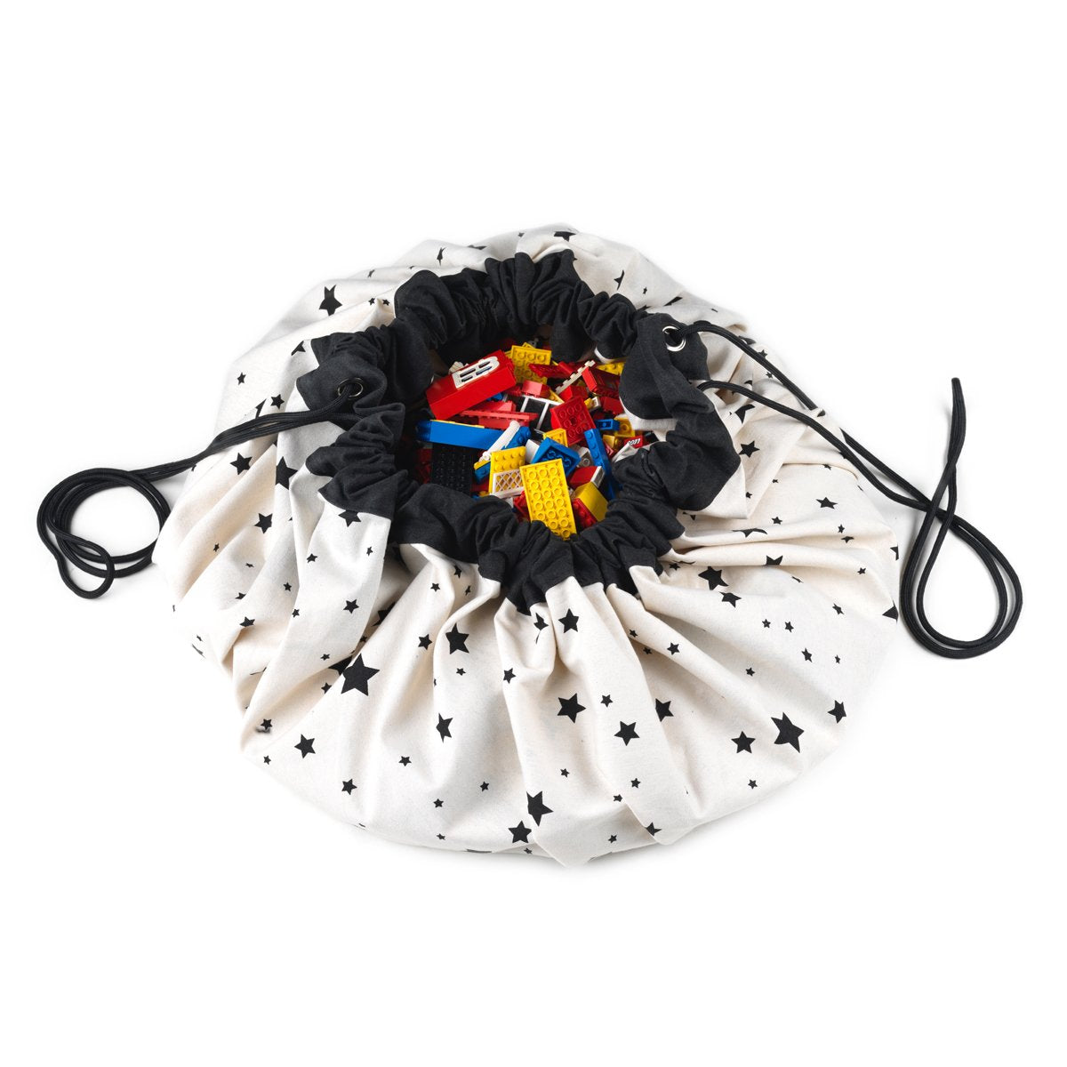 worldmap/stars toy storage bag, bag filled with lego
