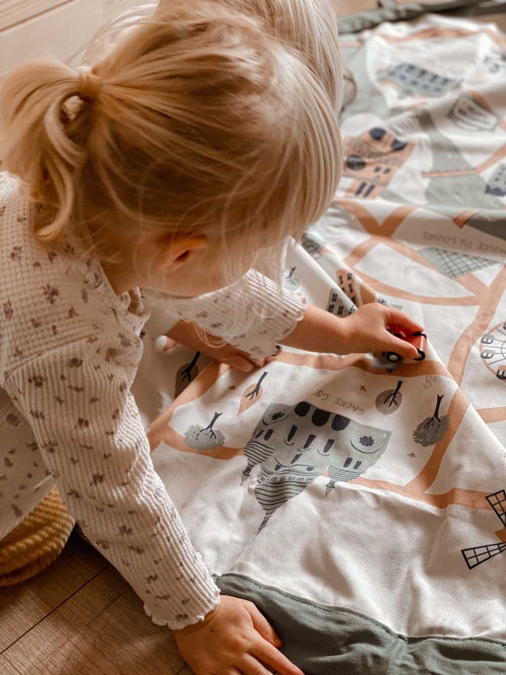 stylish designed Paris Map toy storage bag, children playing with little cars on open mat